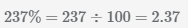 показано как перевести 237 процентов в десятичную дробь 2.37
