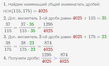 показано как сравнить дроби 37/115 и 38/175