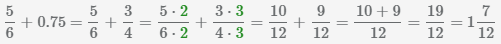 нахождение суммы дроби 5/6 и десятичной дроби 0.75