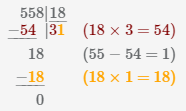 показано как разделить столбиком 558 на 18