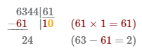 нахождение второй цифры частного, в результате деления 6344 на 61