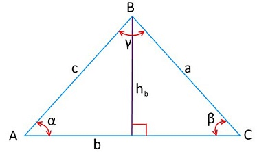 На рисунке изображен треугольник, обозначены углы, стороны, высота используемые для вычисления площади треугольника.